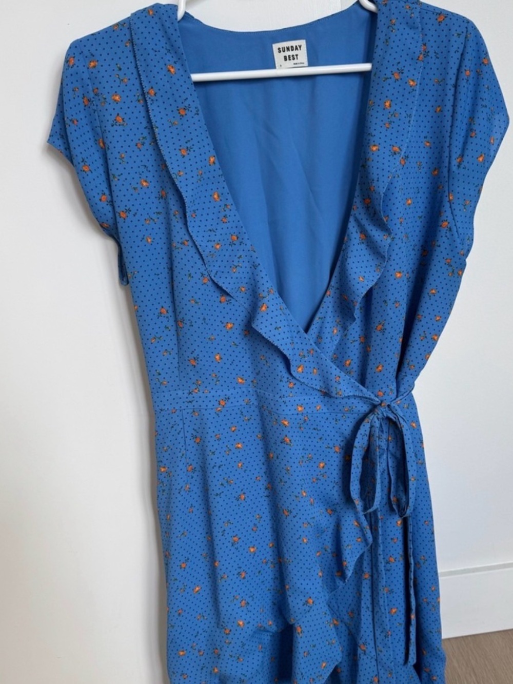 Sunday Best Blue Mini Wrap Dress with Orange Floral Print